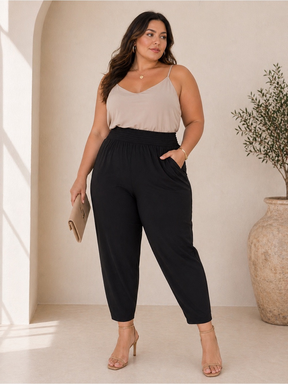 NWOT Calvin Klein Black Smock Waist Tapered Pants 3X Stretch Comfort Minimalist